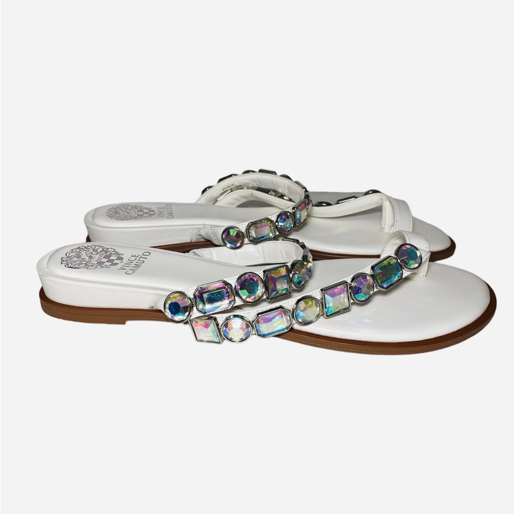 Vince Camuto Bejeweled Sandals Ambridil White Leathers shoes Toe Loop - Picture 3 of 10